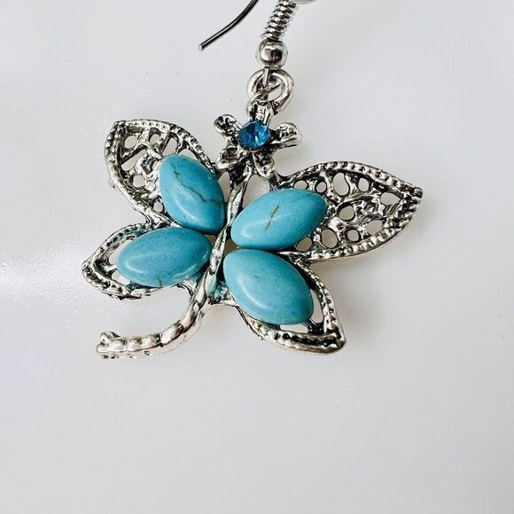 Dragonfly Teal Blue Faux Turquoise Rhinestone Silver Tone Dangle Drop Earrings - Picture 6 of 7